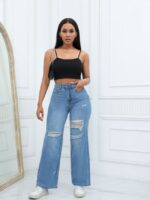 wholesale high waist ripped wide leg denim jeans