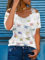 Butterfly print lace strap and collar off-the-shoulder top