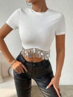 Wholesale Sequined hem crew neck short sleeve crop top