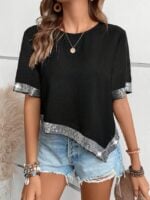 Wholesale Sequins hem round neck top