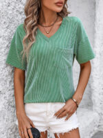 Wholesale Stripe pocket decor v-neck short sleeve top