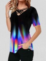 Wholesale criss-cross v-neck gradient print short-sleeve top