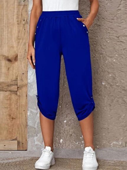 Wholesale elastic waist double pocket design cropped pants