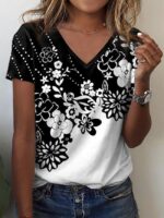 Wholesale flower print casual v-neck short sleeve top