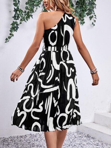 Wholesale one shoulder letter print tie waist dress