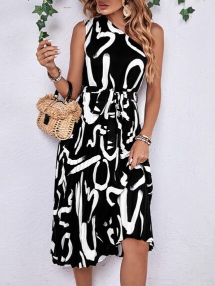 Wholesale one shoulder letter print tie waist dress