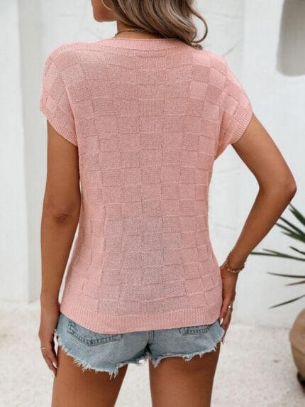 Wholesale pocket decor checked short sleeve knit top