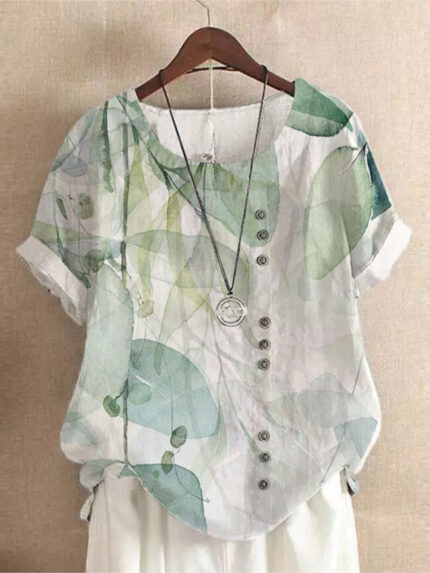 Wholesale retro print round neck short sleeve top