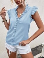 Wholesale ruffle trim v-neck sleeveless shirt