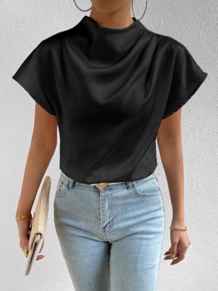 Wholesale solid color Left shoulder pleated satin T-shirt