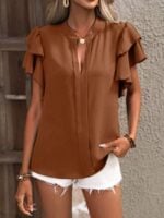 Wholesale solid color layer ruffle sleeve v-neck blouse