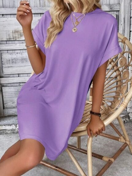 Wholesale solid color roll sleeve t-shirt dress