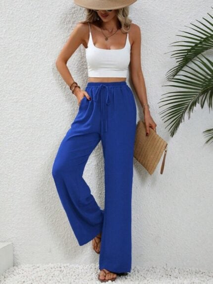 Wholesale solid color tie elastic waist wide leg pants