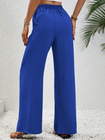 Wholesale solid color tie elastic waist wide leg pants