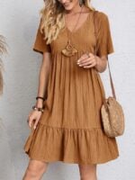 Wholesale solid color v-neck ruffle hem casual dress