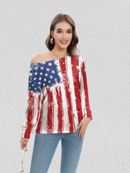 Wholesale stars and stripe print long-sleeve top