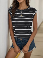 Wholesale stripe button decor sleeveless round neck top