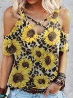 Wholesale sunflower print cross v-neck off-shoulder top