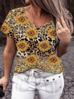 Wholesale sunflower print v-neck casual top