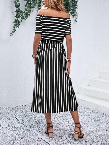 Wholesale Striped tie waist one shoulder slip hem dress