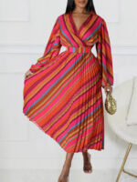 Wholesale Striped v-neck lantern sleeve maxi dress