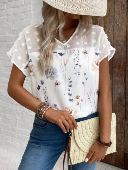 Wholesale lace panel flower print short sleeve top