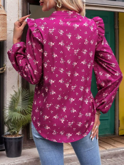 Wholesale Flower Print Lantern Sleeve V-neck Shirt