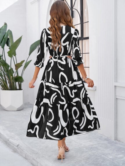 Wholesale Flower Print V-neck Slit Hem Dress