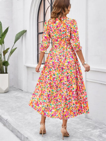 Wholesale Flower Print V-neck Slit Hem Dress