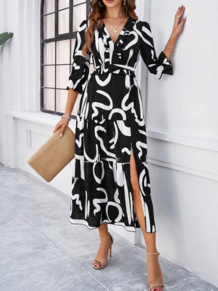 Wholesale Flower Print V-neck Slit Hem Dress