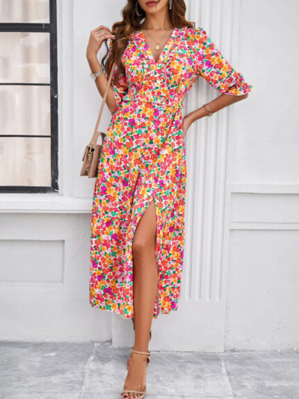 Wholesale Flower Print V-neck Slit Hem Dress