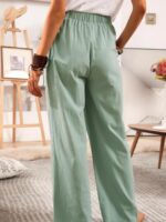 Wholesale Green Smocked Wide Waistband High Waist Straight Casual Leg Pants