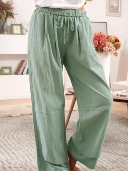 Wholesale Green Smocked Wide Waistband High Waist Straight Casual Leg Pants