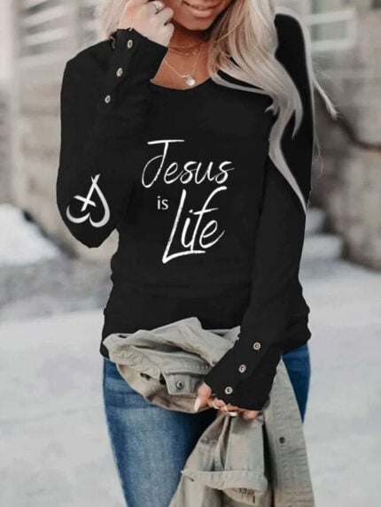 Wholesale Jesus Is Life Letter Print Long Sleeve T-shirt