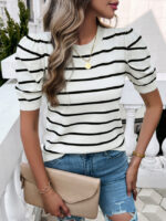 Wholesale Puff Sleeve Crewneck Stripe Short Sleeve Top