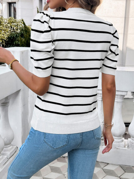 Wholesale Puff Sleeve Crewneck Stripe Short Sleeve Top