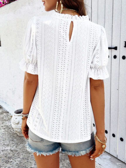 Wholesale Solid Color Hollow Mock Neck Short Sleeve Shirt