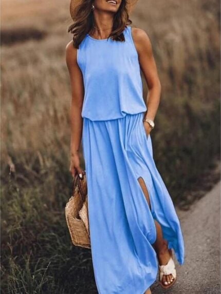 Wholesale Solid Color Sleeveless Slit Hem Maxi Dress