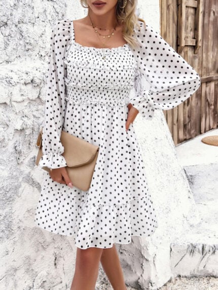 Wholesale Square Neck Polka Dot Long Sleeve Dress