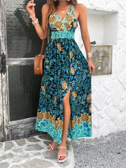 Wholesale All Over Print V-neck Slit Hem Dress