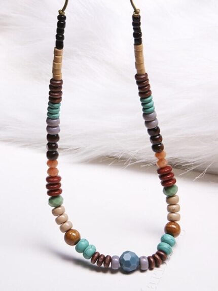 Wholesale Block Color Natural Stone and Wooden Beaded Beaded Necklace