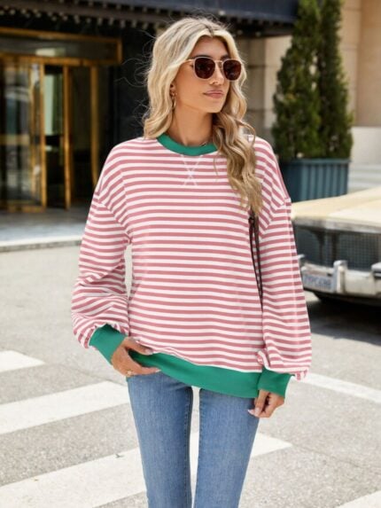 Wholesale Contrast Color Stripe Long Sleeve Top