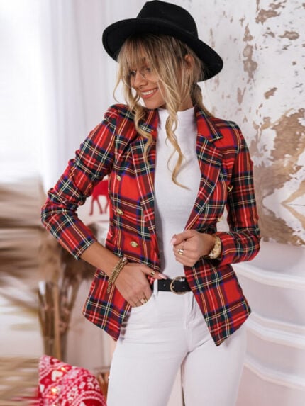 Wholesale Double Pocket Plaid Long Sleeve Top