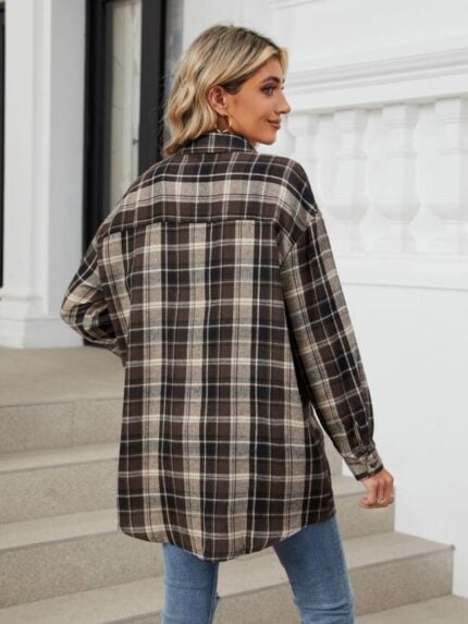 Wholesale Plaid Print Chest Pocket Oversize Shirt