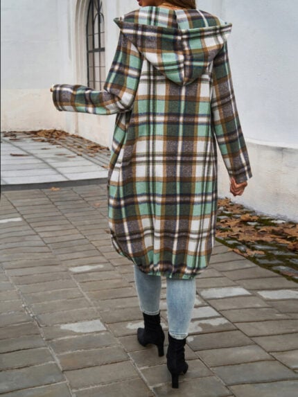 Wholesale Plaid Print Drop Shoulder Drawstring Zipper Coat