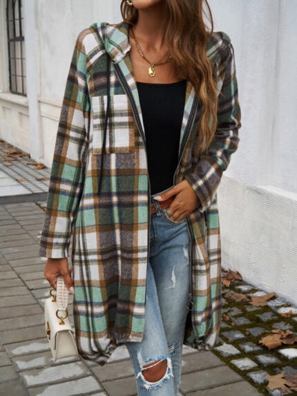 Wholesale Plaid Print Drop Shoulder Drawstring Zipper Coat