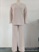 Wholesale Ribbed V-neck Long Sleeve Top and Pants Set