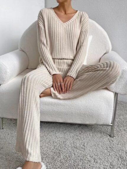 Wholesale Ribbed V-neck Long Sleeve Top and Pants Set