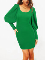 Wholesale Solid Color Lantern Sleeve Midi Dress