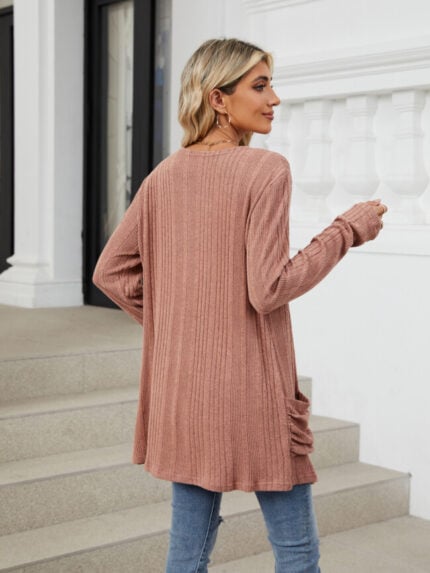 Wholesale Solid Color Ribbed Long Sleeve Cardigan